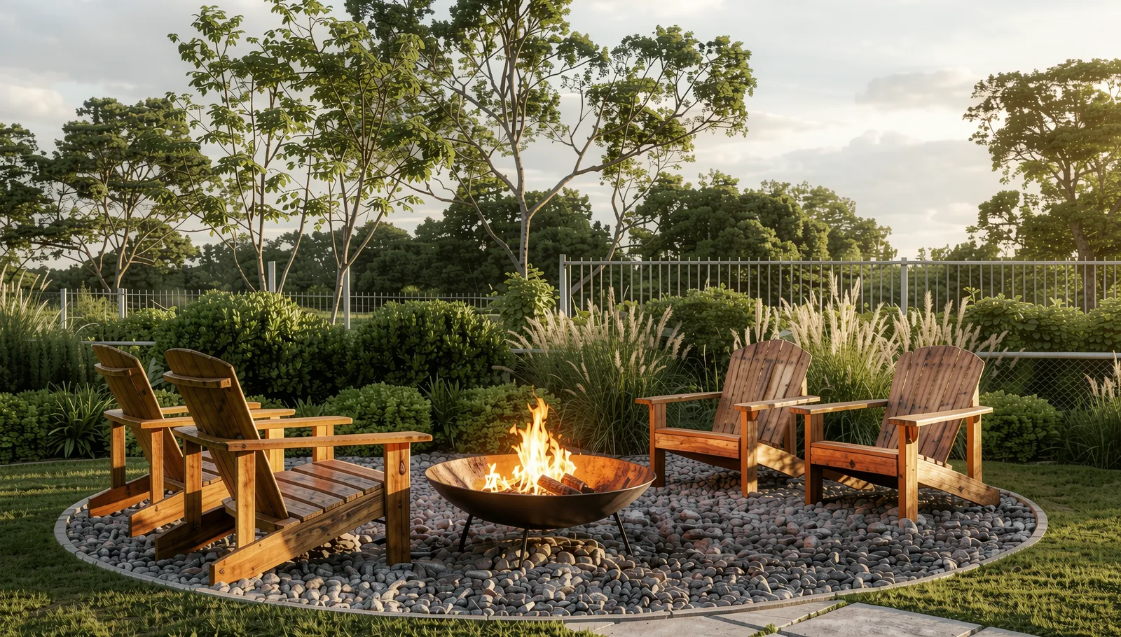 Fire place ao ar livre com fogueira e cadeiras de madeira