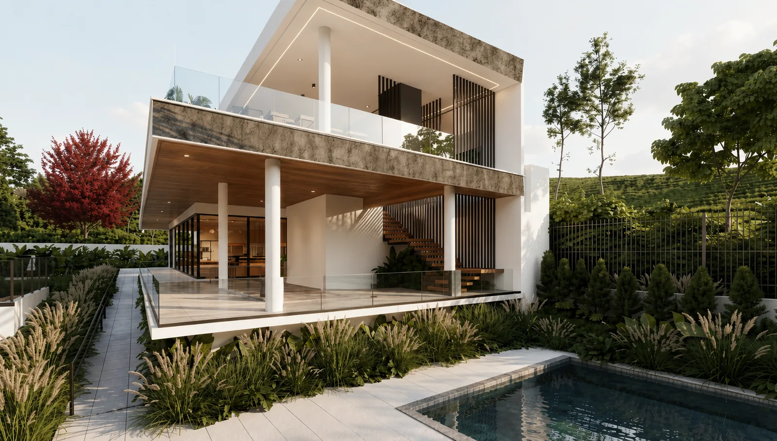Área de lazer externa com deck, jardim e piscina