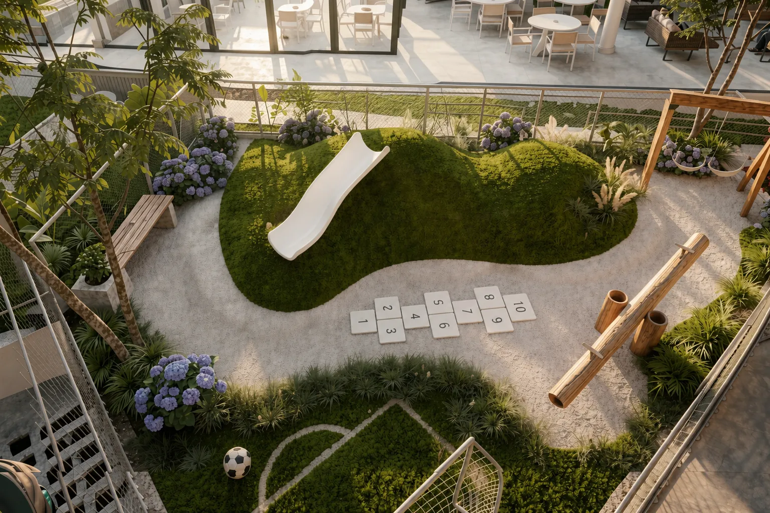 Playground orgânico cercado de verde para as crianças