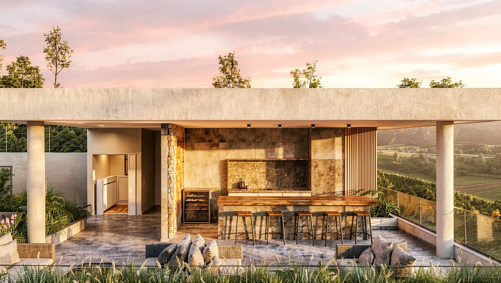 Espaço vinho, um lounge coberto com vista para o pôr do sol