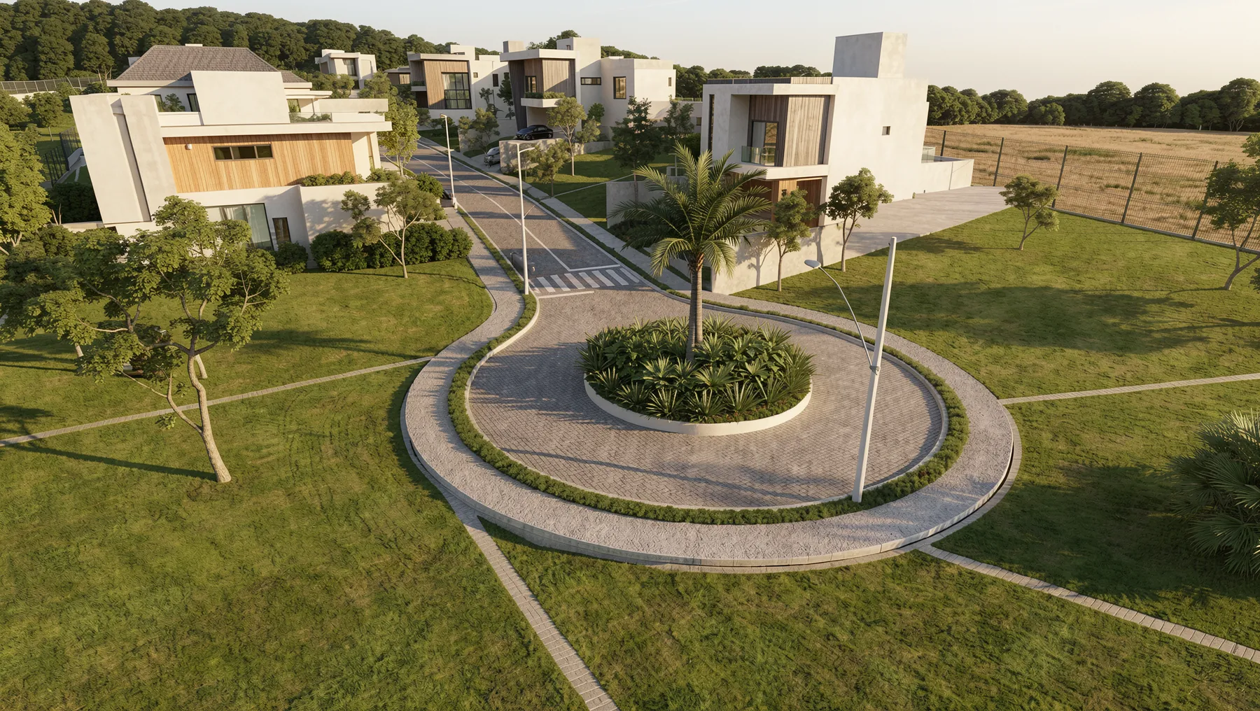 Vista aérea em perspectiva da Vivenda do Escalvado, com as ruas, a praça central e os lotes