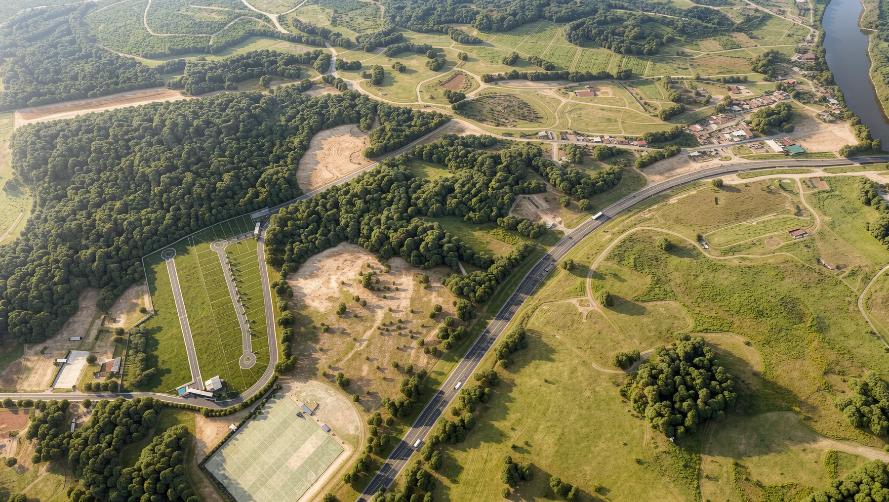Vista aérea da região do Escalvado, com o relevo verde, o rio e a área do loteamento